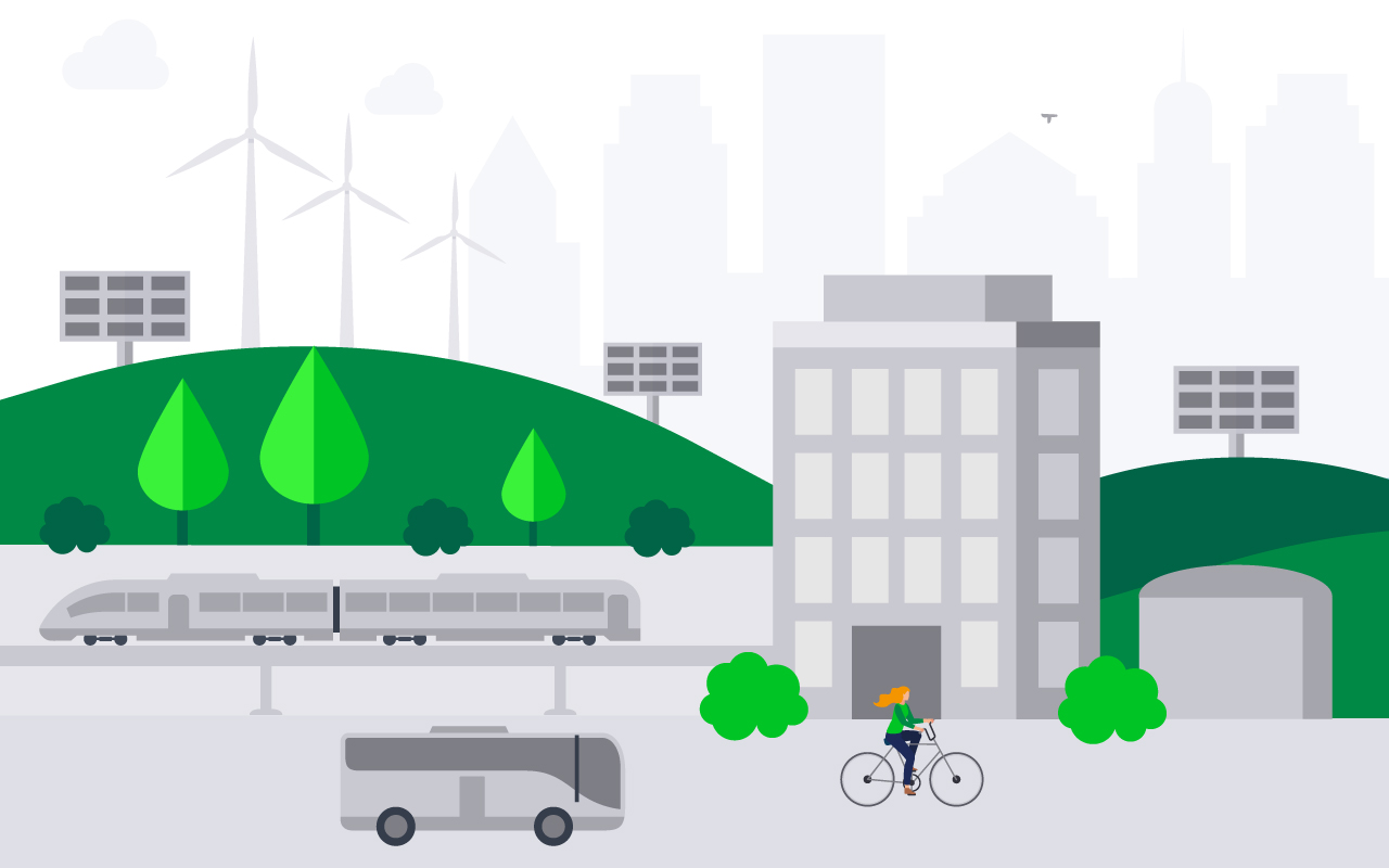 Ilustración de una ciudad sostenible. Suministros sostenibles de Lexmark.