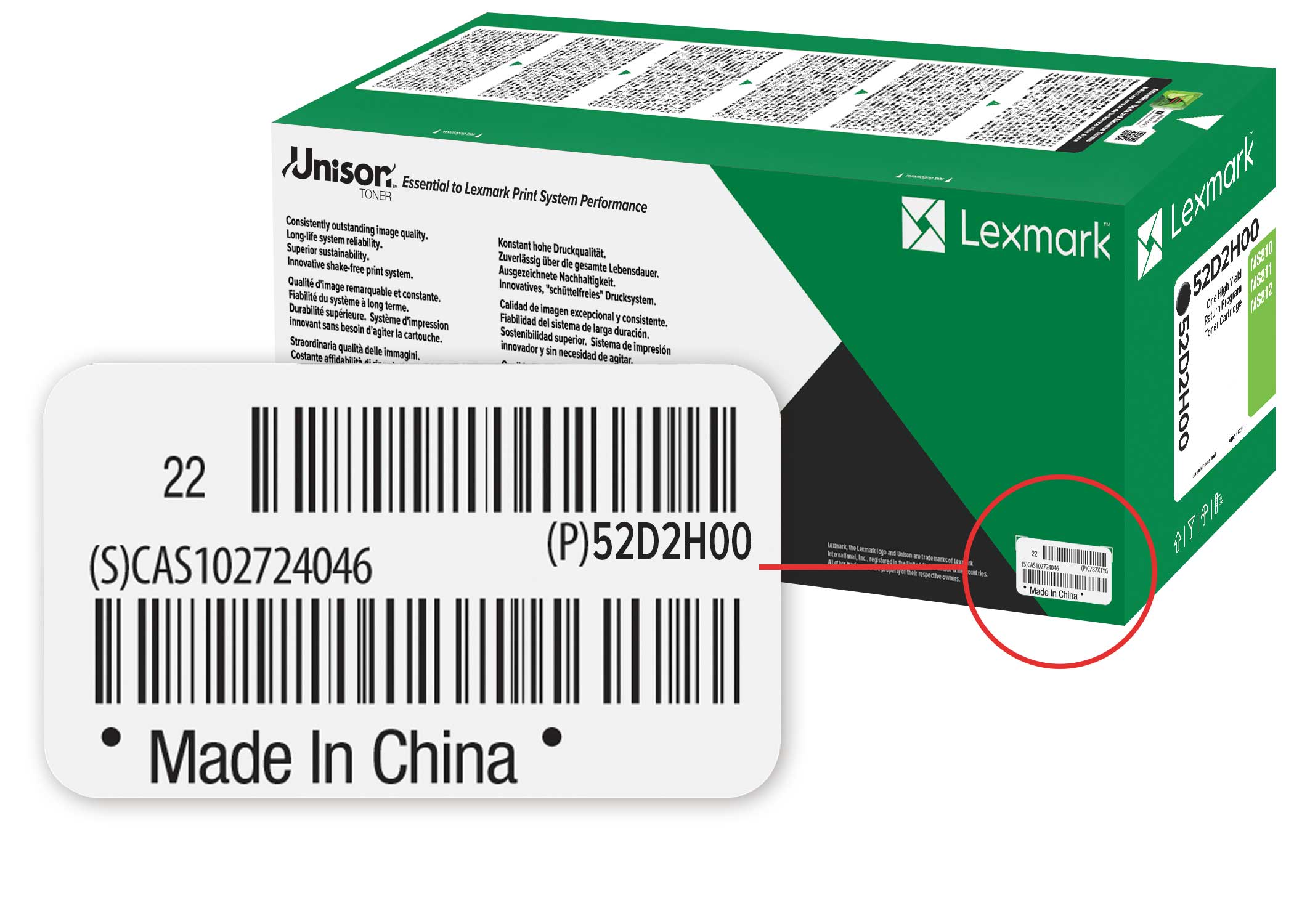 Serienummer op de verpakking van officiële Lexmark supplies