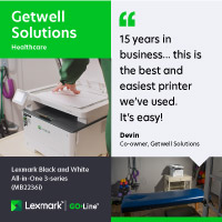 Summary infographic of Lexmark GOline printer used at a veteran owned Chiropractic healthcare small business clinic